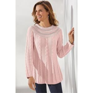 Soft Surroundings Pink Cable Knit Sweater With Silver Trim Size XS
